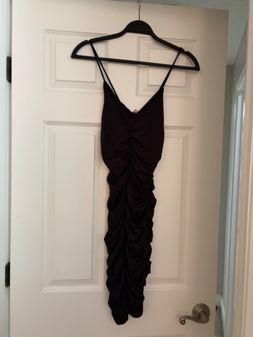 Ruched Black Midi Slip Dress with Spaghetti Straps